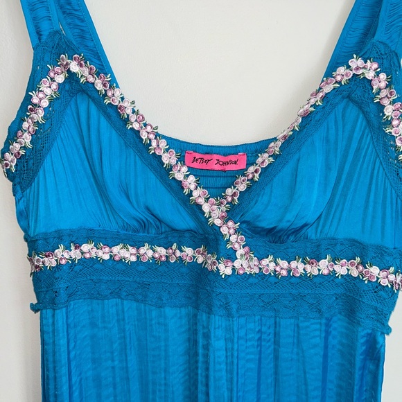 Betsey Johnson Teal Empire Waist Maxi Dress Floral Trim Size M - Picture 2 of 8